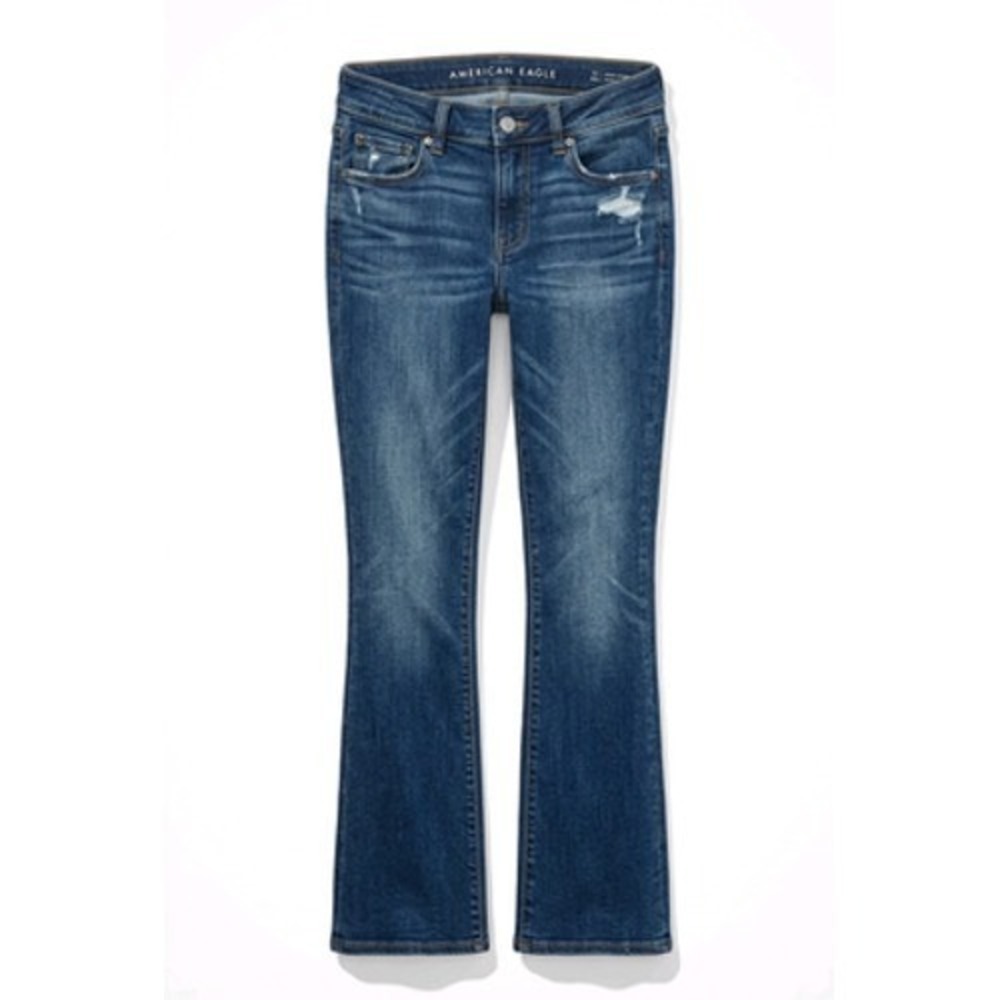 American Eagle Kick Boot Jeans Womens 6 Short Blue Low Rise Distressed Stretch
